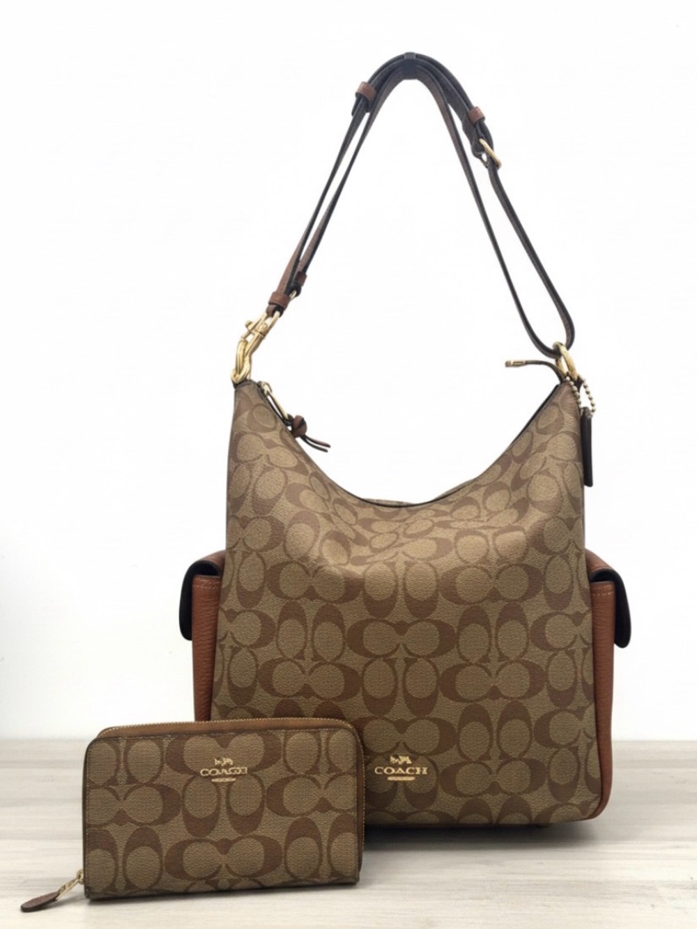 Coach Pennie Leather Brown Signature Jacquard Hobo Shoulder Bag with Wallet